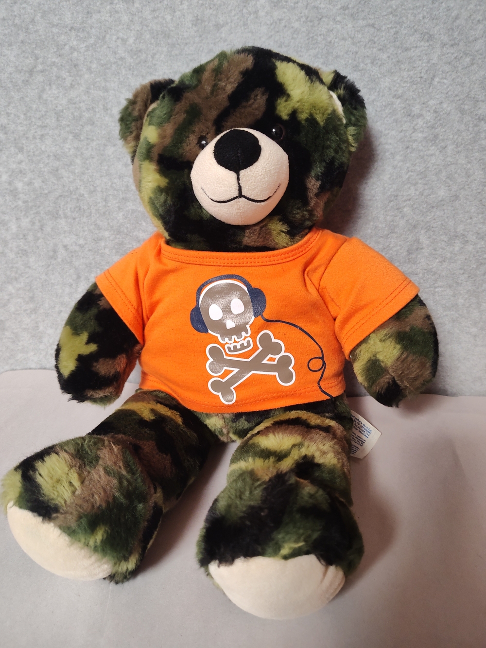 Build-A-Bear Green Camo Teddy Bear Plush W/Skull & Bones Graphic T 16" Military